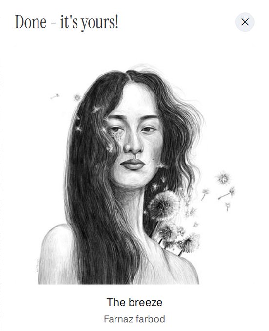 A black and white pencil portrait of a woman with long dark hair blowing dandelion seeds, titled 'The breeze' by Farnaz Farbod, with the text 'Done - it's yours!' at the top.