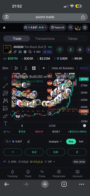 Mobile screenshot of axiom.trade showing a trading interface for the ANSEM (The Black Bull) token, displaying a bubble chart on a 30-minute timeframe, current ask price of 185K, market cap of $297M, and trading options with buy/sell buttons at the bottom.