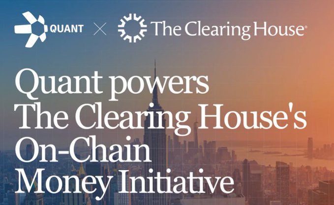 Promotional graphic featuring 'Quant powers The Clearing House's On-Chain Money Initiative' with the Quant and The Clearing House logos over a New York City skyline.