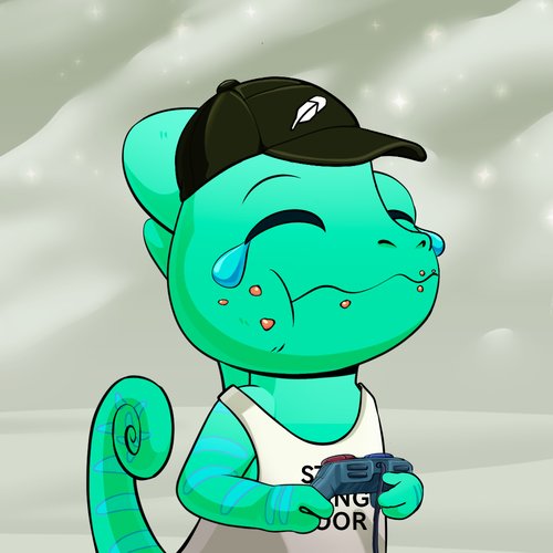 A cartoon turquoise chameleon wearing a black baseball cap and white tank top holds a game controller with a satisfied expression, featuring a teardrop and rosy cheeks.