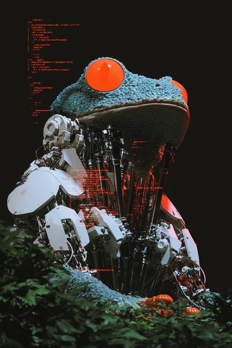 A robotic frog with exposed mechanical parts and bright orange eyes sits amid green foliage, while faint red computer code overlays the dark background, creating a cybernetic interpretation of the "digital frog" concept.