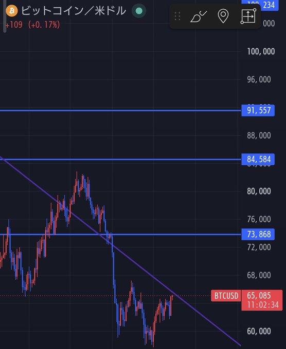 A Bitcoin/USD (BTCUSD) chart shows the price at 65,085, up +109 (+0.17%), with key resistance levels marked at 73,868, 84,584, and 91,557. The chart displays recent price action with a descending trendline, reflecting the "Bitcoin is coming" (来てます ビットコイン) sentiment as it begins to recover toward higher resistance levels.