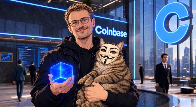 A man wearing glasses holds a glowing blue cube while cradling a tabby cat wearing a Guy Fawkes mask, standing in what appears to be a Coinbase office with the company logo visible in the background.