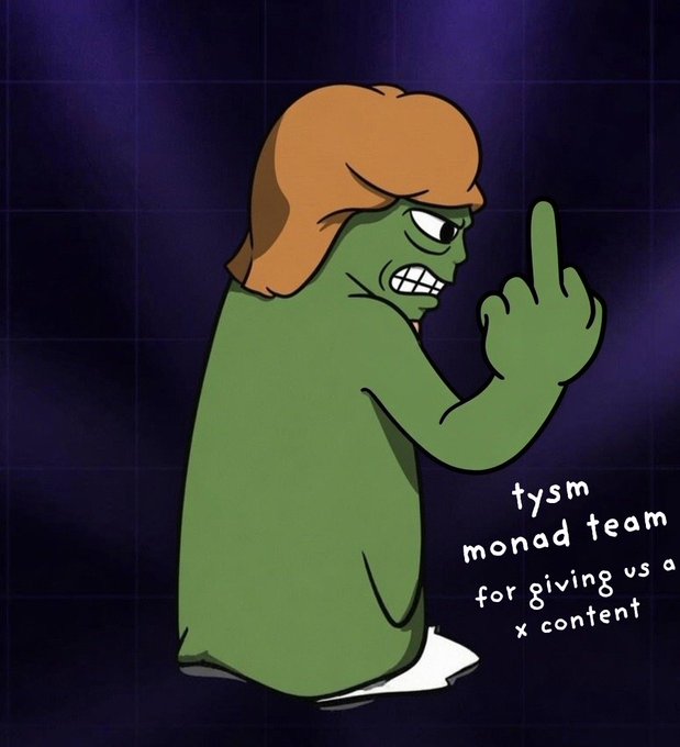 A cartoon illustration of a green character with orange hair giving the middle finger, with handwritten text reading 'tysm monad team for giving us a x content'.