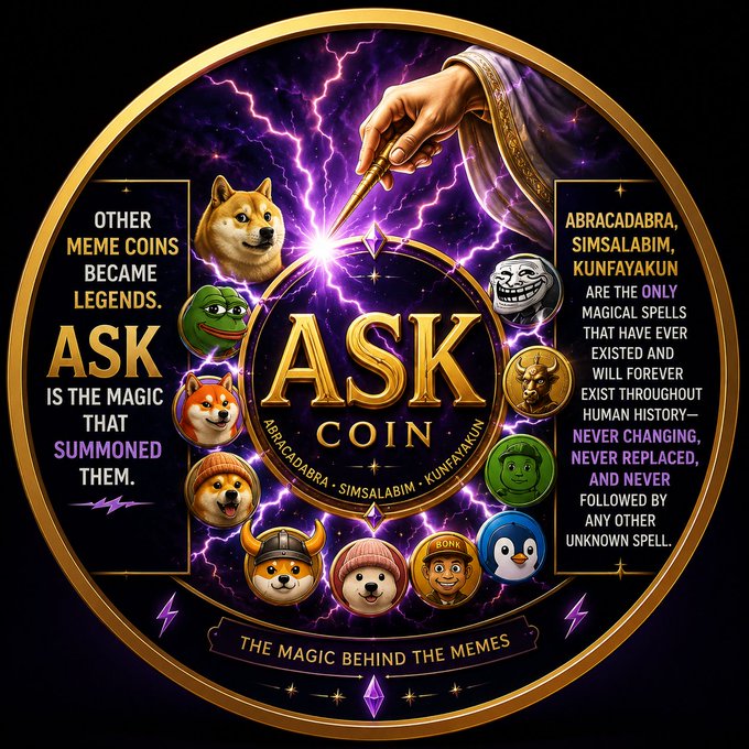 A promotional graphic for "ASK COIN" features a wizard's hand wielding a wand amid lightning, surrounded by various meme coin characters including a Shiba Inu and Pepe, with text reading "ABRACADABRA, SIMSALABIM, KUNFAYAKUN" and "THE MAGIC BEHIND THE MEMES."