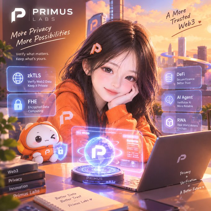 Anime-style promotional image for Primus Labs featuring a young woman in an orange hoodie alongside the mascot Primus ABS, with text 'More Privacy More Possibilities' and feature highlights for zkTLS, FHE, DeFi, AI Agent, and RWA.