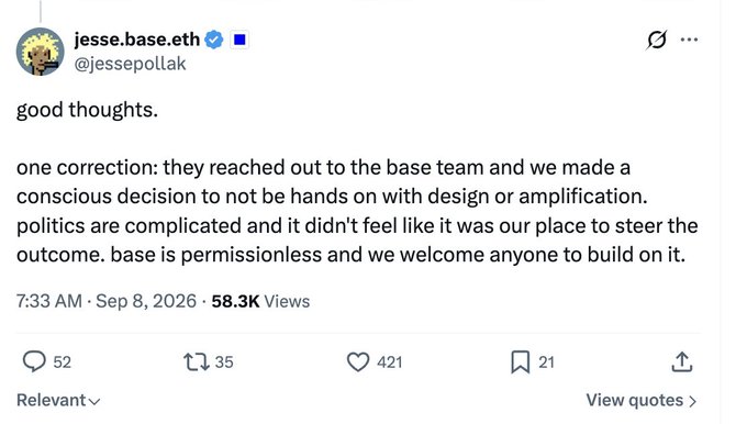 A tweet by @jessepollak (jesse.base.eth), CEO of Base, clarifying that while the Base team was contacted by Hunter Biden's group, they made a deliberate choice to remain uninvolved in the design and amplification of the LAPTOP token meme featured in ansem's viral video, citing the politically sensitive nature of the topic. The post, dated September 8, 2026, has 58.3K views, 421 likes, and 35 reposts, emphasizing Base's permissionless stance in welcoming any builders regardless of political associations.