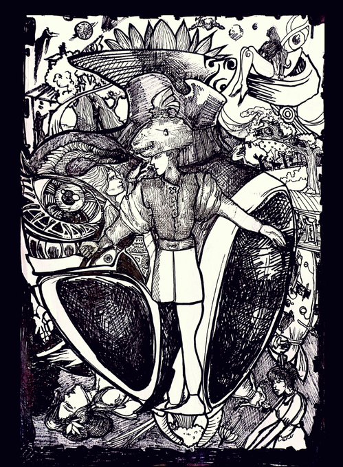 A detailed black-and-white ink illustration depicting a warrior in armor holding a large shield, surrounded by surreal imagery including a prominent eye, fantastical creatures, and an otherworldly landscape.