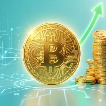 A glowing gold Bitcoin coin sits prominently in the foreground next to a rising stack of smaller coins, with a bright green upward arrow piercing through the background. The visual emphasizes the bullish momentum behind the news that BTC has surpassed $81,000, currently trading at $81,042.37 on the Binance USDT market.