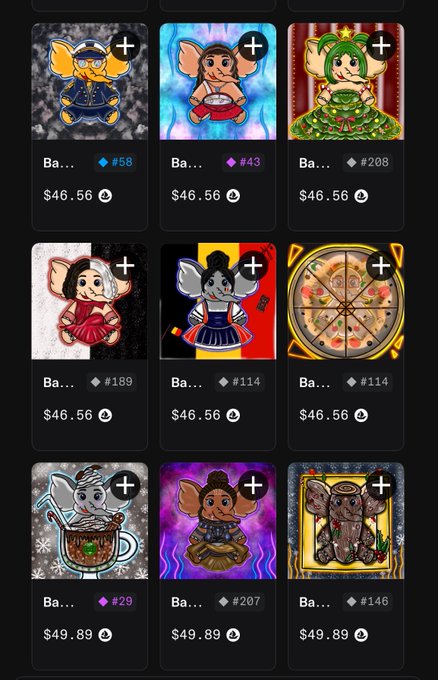 The image features a collection of cartoon elephant-themed items for sale, including various types of dolls, clothing designs, and artwork inspired by elephants. The text on the image highlights that there are no better times than now to buy these items due to their low prices, and they can be easily accessed via the website "opensea.io/collection/sty".