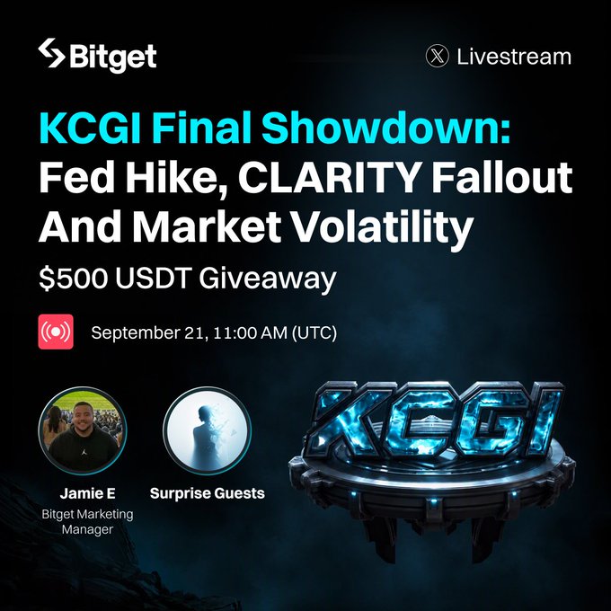 Bitget's promotional graphic announces the "KCGI Final Showdown" livestream titled "Fed Hike, CLARITY Fallout And Market Volatility," featuring host Jamie E (Bitget Marketing Manager) and surprise guests, scheduled for September 21 at 11:00 AM UTC on Bitget X Live, offering viewers a chance to win a share of a $500 USDT giveaway, with a glowing blue KCGI trophy displayed prominently on a dark background.