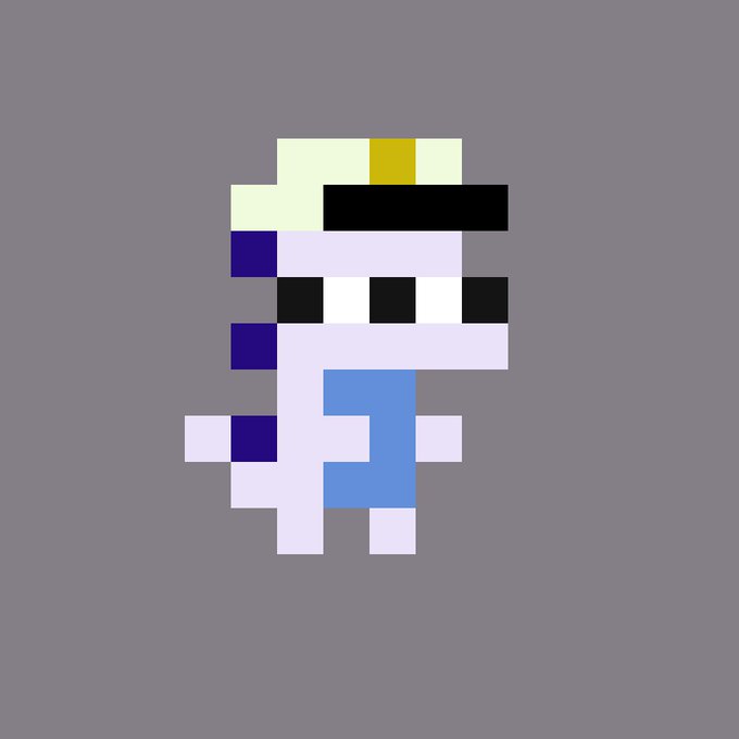A simple 8-bit style pixel art character with a white, blue, and black color scheme against a solid gray background.