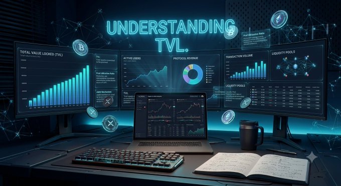 A futuristic neon-lit workspace with multiple monitors displaying cryptocurrency analytics including 'TOTAL VALUE LOCKED (TVL)', 'ACTIVE USERS', 'PROTOCOL REVENUE', 'TRANSACTION VOLUME', and 'LIQUIDITY POOLS', with 'UNDERSTANDING TVL' glowing above.