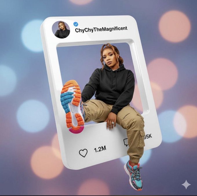 A stylized social media post shows a woman in a black hoodie and khaki pants posing inside a phone frame, with the username 'ChyChyTheMagnificent' and 1.2M likes visible.