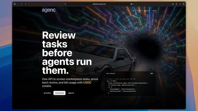 The image shows the Agents before Agents page of the Agenc website, which features a car design with a tunnel through it. The focus of this image should be on understanding the content provided by the post about using the Agents before Agents API for solana in exchange for agents, as they explain how to use the safety layer behind Ag enc.