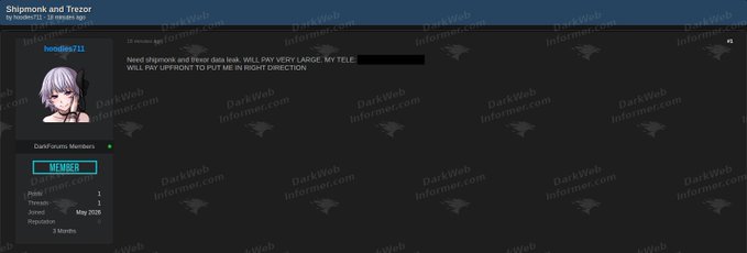 A DarkWeb Informer forum profile for user 'hoodjess711' titled 'Shipmonk and Trezor' containing posts about data leaks and credit fraud, with the post content mostly redacted.