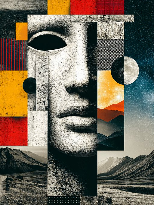 A collage-style digital artwork featuring a fragmented stone face against a background of colorful geometric blocks, a moon, and mountainous landscapes.