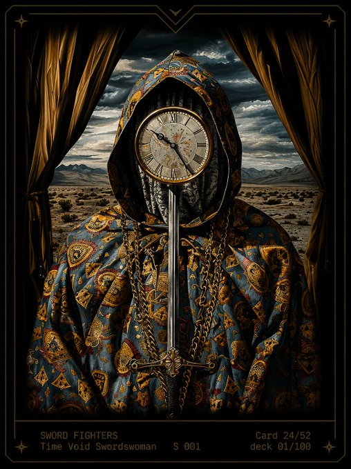 A fantasy trading card titled 'SWORD FIGHTERS - Time Void Swordswoman S 001, deck 01/100, Card 24/52' depicting a hooded figure in ornate blue and gold robes holding a clock-faced staff against a desert landscape.