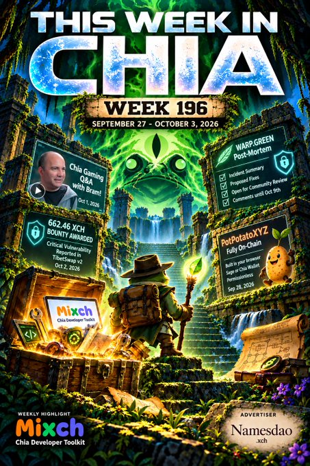 A promotional graphic titled "THIS WEEK IN CHIA - WEEK 196, SEPTEMBER 27 - OCTOBER 3, 2026" featuring an adventurer in ancient ruins with sections about "Chia Gaming Q&A with Bramm" and "Warp Green Post-Mortem", sponsored by "Mixch" and "Namesdao".