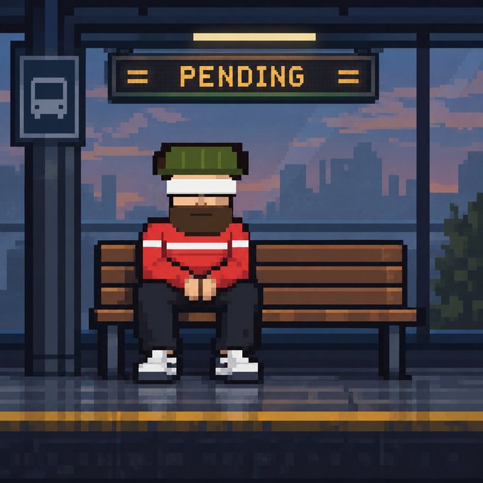 Pixel art illustration of a bearded man wearing a green beanie and blindfold, sitting on a bus stop bench under a 'PENDING' digital sign.
