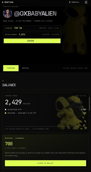 A dark-themed mobile app screenshot for SHOTTON shows the profile of '@OXBABYALIEN', a 'Baby Alien', displaying stats like 'RANKING TOP 5%' and a balance of '2,429' with a 'CLAIM TO WALLET' button.