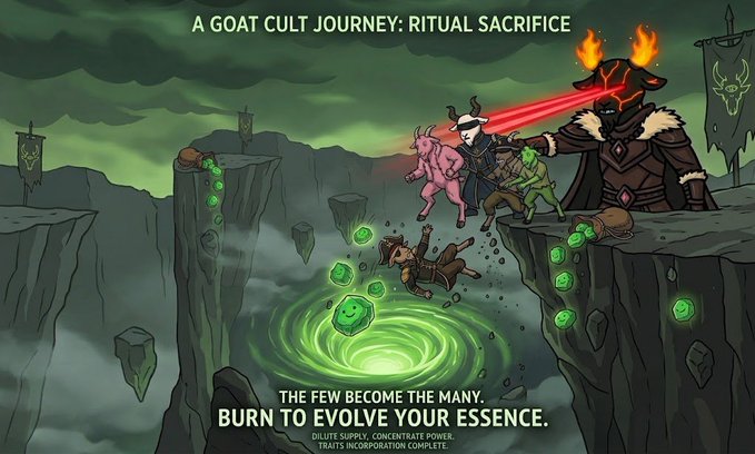 Illustration titled 'A GOAT CULT JOURNEY: RITUAL SACRIFICE' showing cartoon characters and goats near a green portal, with text 'THE FEW BECOME THE MANY. BURN TO EVOLVE YOUR ESSENCE.'