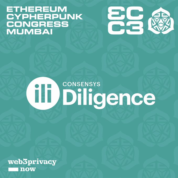A teal promotional graphic for the 'ETHEREUM CYPHERPUNK CONGRESS MUMBAI' (ECC3) featuring the logos for ECC3 and Consensys Diligence, along with a 'web3privacy now' badge at the bottom.