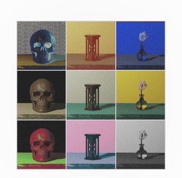 A 3x3 grid of pixelated still life images showing variations of a blue/pink skull, a wooden hourglass, and a vase with a flower in different color palettes.