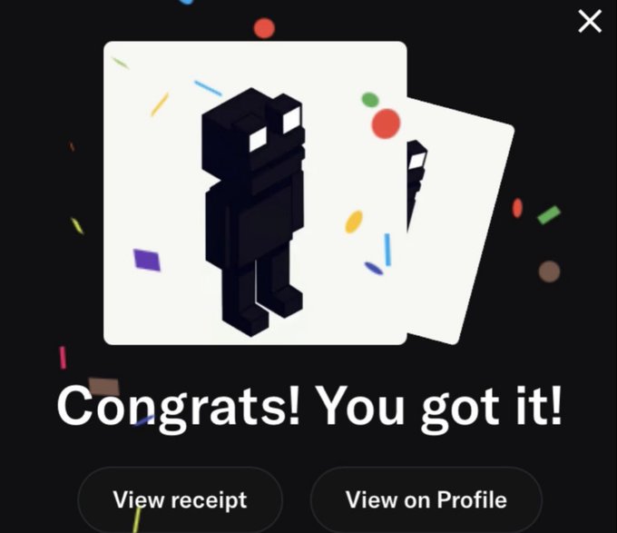 A celebratory notification screen displays "Congrats! You got it!" alongside a pixelated character, with options to "View receipt" and "View on Profile," indicating the user successfully minted a Play Bandits NFT at the mint price and is now celebrating their early entry as a "gems waifu."