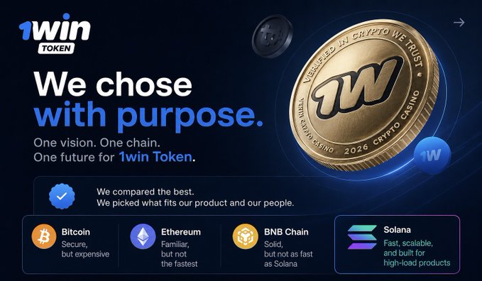 A promotional graphic for '1win Token' cryptocurrency stating 'We chose with purpose. One vision. One chain. One future for 1win Token,' comparing Bitcoin, Ethereum, BNB Chain, and selecting Solana for being 'Fast, scalable, and built for high-load products.'