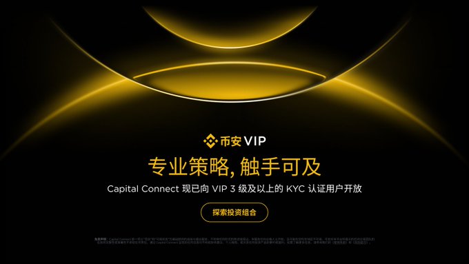 A sleek black promotional screen with golden curved light elements advertises '币安VIP' (Binance VIP) with the tagline '专业策略,触手可及' (Professional strategies at your fingertips), mentioning 'Capital Connect 现已向 VIP 3 级及以上的 KYC 认证用户开放' (Capital Connect is now open to KYC-verified users of VIP Level 3 and above) with an '探索投资组合' (Explore Investment Portfolio) button.