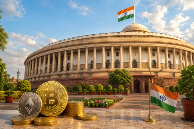 The Indian Parliament building with crypto coins (Bitcoin and Ethereum) displayed in the foreground, alongside the Indian flag, symbolizing the country's anticipated legislative review of Virtual Digital Assets during the Monsoon Session.