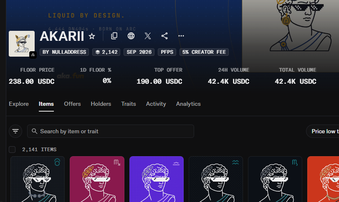 A cryptocurrency NFT marketplace page displays a collection called 'AKARII' by NULLADDRESS with a floor price of 238.00 USDC, 2,142 items, and various NFT thumbnails featuring a character with sunglasses.