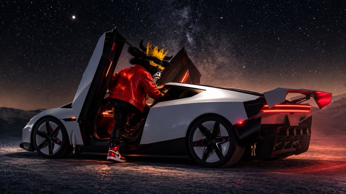 A digital artwork shows a figure wearing a red jacket and yellow sunglasses getting into a futuristic silver sports car with upward-opening doors, set against a desert landscape under a starry night sky.