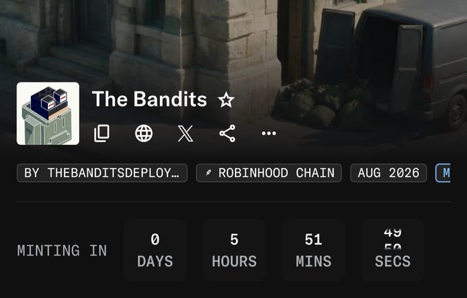 The image shows a countdown page for an NFT collection called "The Bandits" by @thebanditsdeploy on the Robinhood Chain, with a mint countdown of 0 days, 5 hours, 51 minutes, and 45 seconds remaining. It directly corresponds to the post highlighting "The Bandits" as a potential mint of the day with a 10,000 supply and an $8.80 market price, reinforcing the urgency of the impending launch.