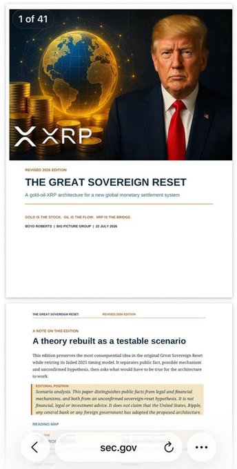 A webpage screenshot showing an article titled 'THE GREAT SOVEREIGN RESET' about a gold-oil-XRP architecture, featuring an image of Donald Trump, XRP coins, and a globe, with text noting 'GOLD IS THE STOCH. OIL IS THE FLOW. XRP IS THE BRIDGE.'