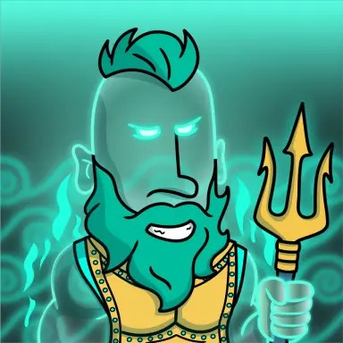 A cartoon illustration of a teal-skinned sea god figure with a beard, glowing eyes, and green flame-like hair, holding a golden trident.