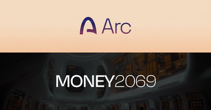 The image features the "Arc" logo prominently at the top, with "MONEY2069" displayed below against a futuristic interior backdrop, visually announcing the launch of Money2069 ($M69) on the Arc platform. The pairing of the Arc branding with the project name reinforces the post's announcement that Money2069, a fiat-resistant currency initiative by @debasementdesk, is now live.