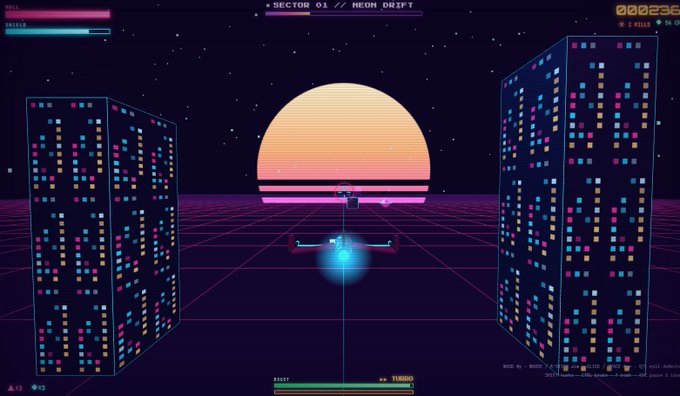 A retro vaporwave-style video game screenshot displays a neon-lit corridor flanked by pixelated skyscrapers, with a glowing sun on the horizon and HUD text reading 'SECTOR 01 // NEON DRIFT'.