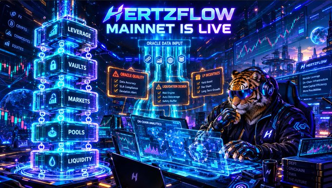 A promotional graphic for 'HERTZFLOW MAINNET IS LIVE' featuring a tiger character in futuristic attire working at a high-tech trading console with Oracle data input panels.