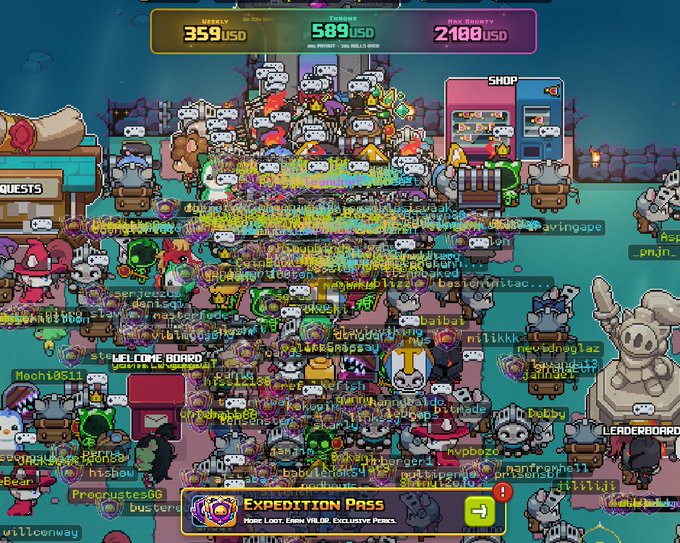 A colorful 2D pixel art video game screenshot showing a crowded multiplayer scene with numerous player characters, UI elements including 'WEEKLY 359 USD', 'EARNINGS 589 USD', 'MAX BOUNTY 2108 USD', a shop, quests board, and an 'EXPEDITION PASS' notification.