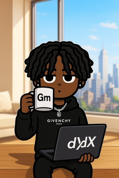 A cartoon illustration of a person with dreadlocks wearing a black Givenchy hoodie, holding a mug that says 'Gm' and a laptop with the dYdX logo, with a city skyline in the background.