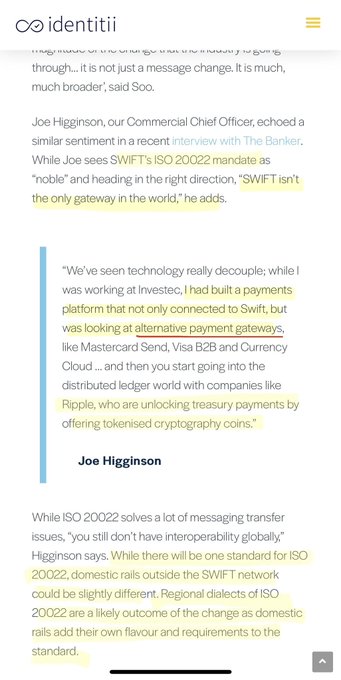 The image shows a mobile article from Identitii featuring an interview with Joe Higginson, Commercial Chief Officer, who discusses Ripple as an alternative payment gateway beyond SWIFT, with text highlighted referencing "Ripple, who are unlocking treasury payments by offering tokenised cryptography coins," alongside mentions of Mastercard Send, Visa B2B, Currency Cloud, and ISO 20022.