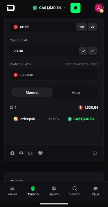 A mobile gambling app interface shows a casino bet slip with a wager of 66.55, a cashout value of 23.00, a potential profit of 1,464.10, and a displayed amount of CA$1,530.54.
