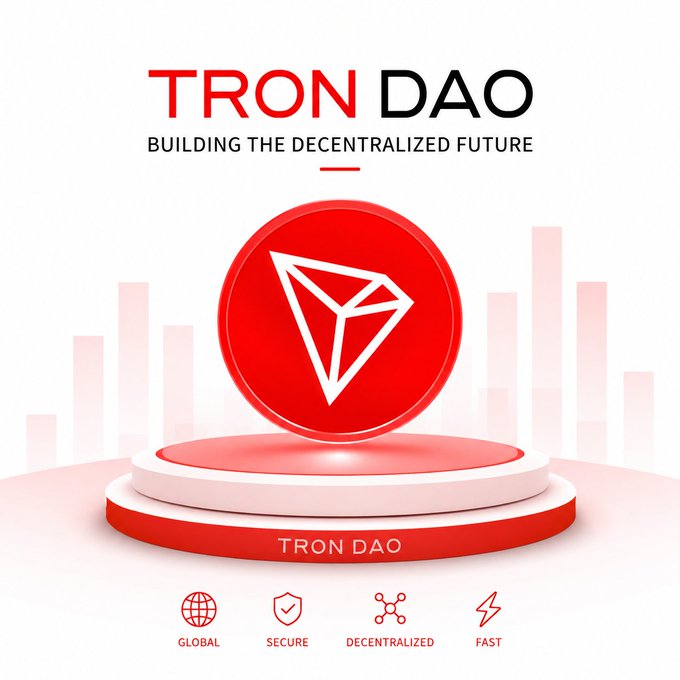The image showcases the TRON DAO logo—a red circular emblem featuring the iconic TRON diamond symbol—displayed on a tiered podium, with the tagline "Building the Decentralized Future" above it. Below the podium, four icons highlight TRON's key attributes: "Global," "Secure," "Decentralized," and "Fast," reinforcing the post's message about TRON's growing prominence as a top-ranked blockchain in the S&P Pantera Digital Asset Index.