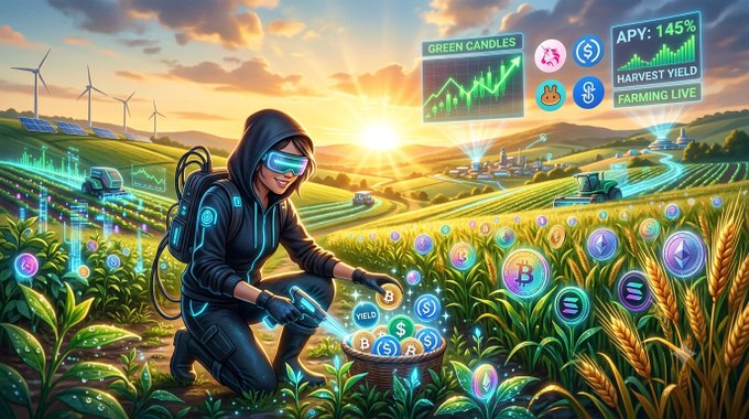 A hooded figure in futuristic techwear harvests glowing cryptocurrency coins from a high-tech farm, with digital overlays showing "GREEN CANDLES," "APY: 145%," "HARVEST YIELD," and "FARMING LIVE" against a sunset agricultural landscape with wind turbines.
