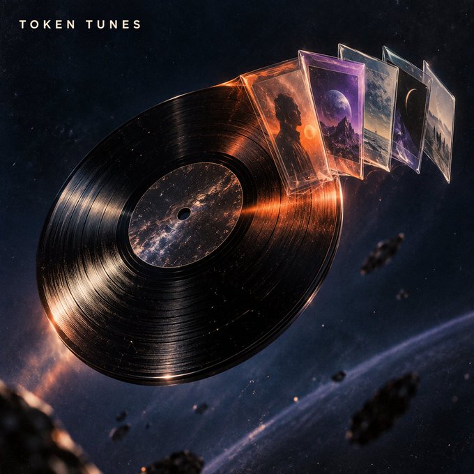 A digital artwork titled 'TOKEN TUNES' depicting a vinyl record floating in space with a galaxy visible through its center hole and a fanned-out stack of illustrated album covers.