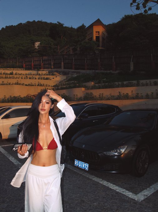 A young woman in a red bikini top and white pants stands posing in front of a black Maserati sedan with a Chinese license plate reading "S01V72" at dusk, her hand raised to her hair. The image, paired with a post celebrating in-depth research into the $BP token, appears to use the luxurious car and stylish subject as a visual metaphor for the potential rewards of thoroughly studying Backpack's tokenomics and equity swap mechanisms.