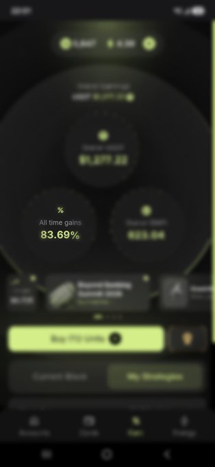 A blurry screenshot of a dark-themed cryptocurrency or investment app displaying 'All time gains' at 83.69% with a yellow 'Buy 250 USDC' button.