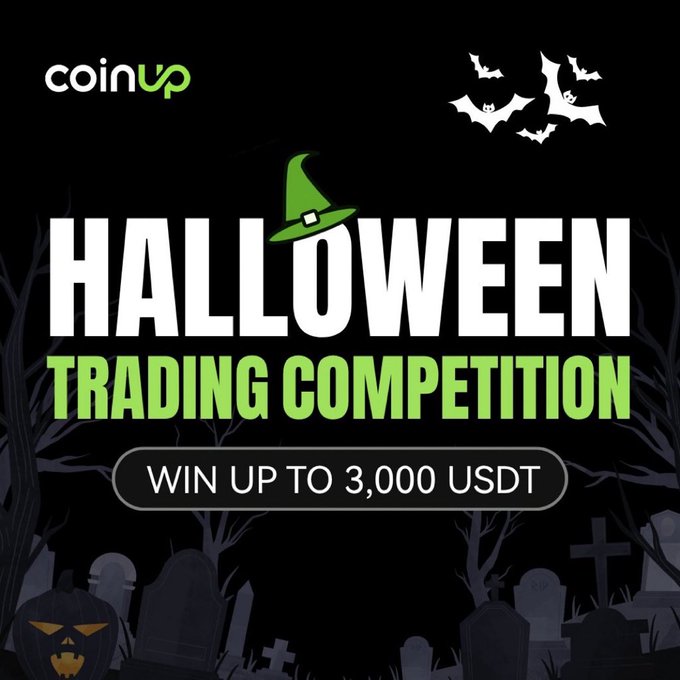 A Halloween-themed promotional graphic for 'coinup' announces a 'HALLOWEEN TRADING COMPETITION' with a chance to 'WIN UP TO 3,000 USDT', featuring bats, a pumpkin, and gravestones.